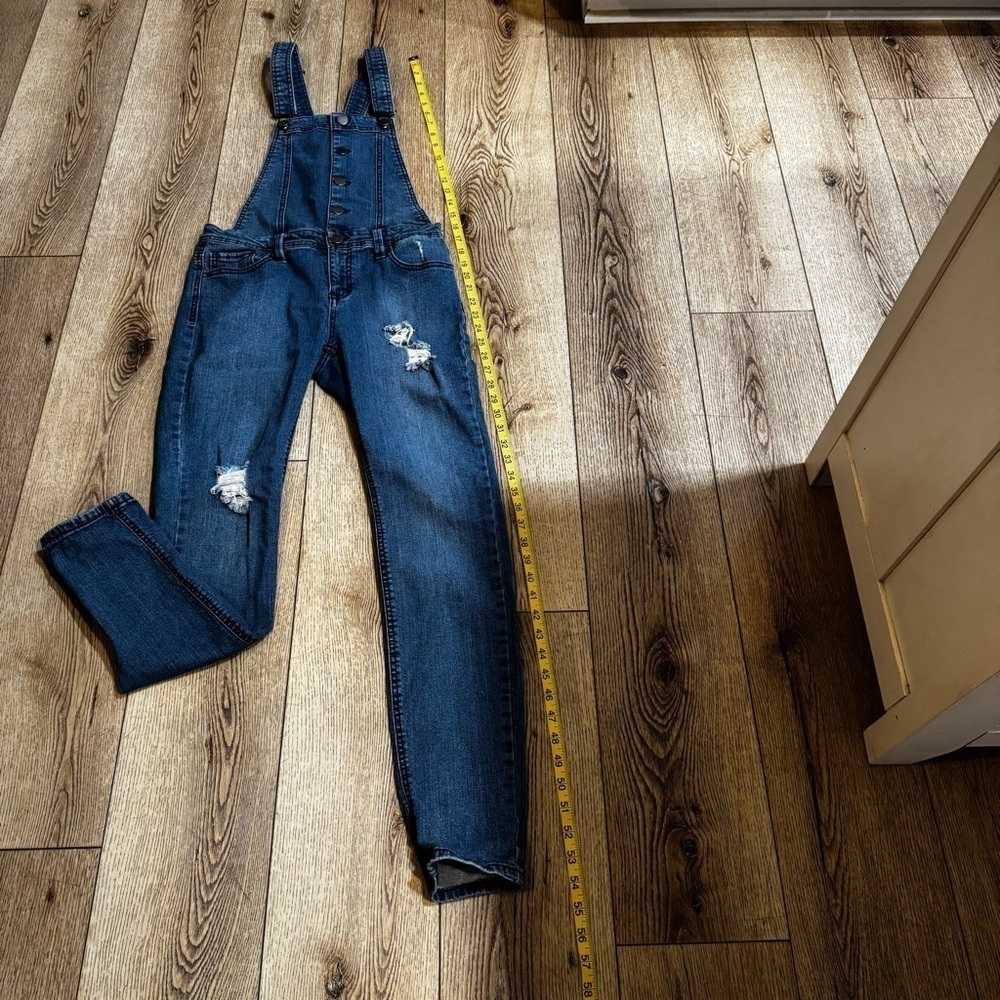 Harper blue jean denim distressed overalls, button up, pockets, straight leg, M. - Picture 7 of 14